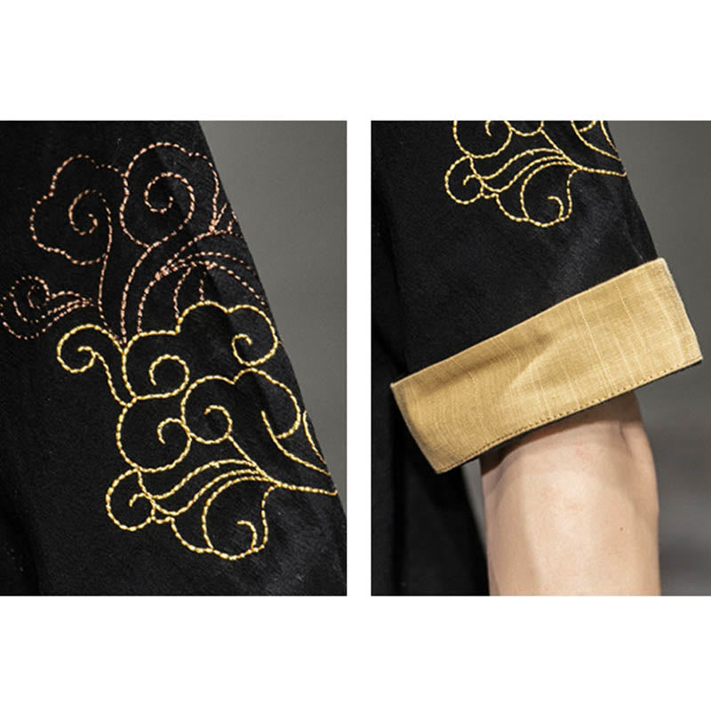 Nimara Ritual Frog-Button Chinese Dragon Auspicious Cloud Embroidery Half Sleeve Shirt Cotton Linen Men Clothing