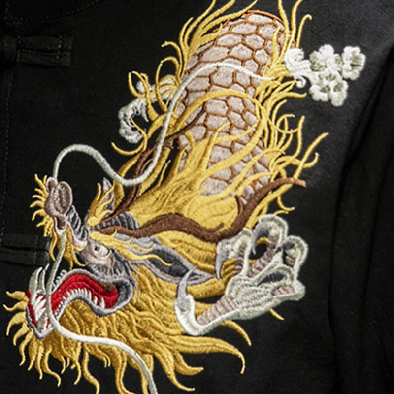 Nimara Ritual Frog-Button Chinese Dragon Auspicious Cloud Embroidery Half Sleeve Shirt Cotton Linen Men Clothing