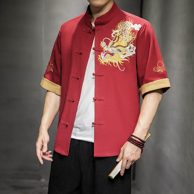 Nimara Ritual Frog-Button Chinese Dragon Auspicious Cloud Embroidery Half Sleeve Shirt Cotton Linen Men Clothing