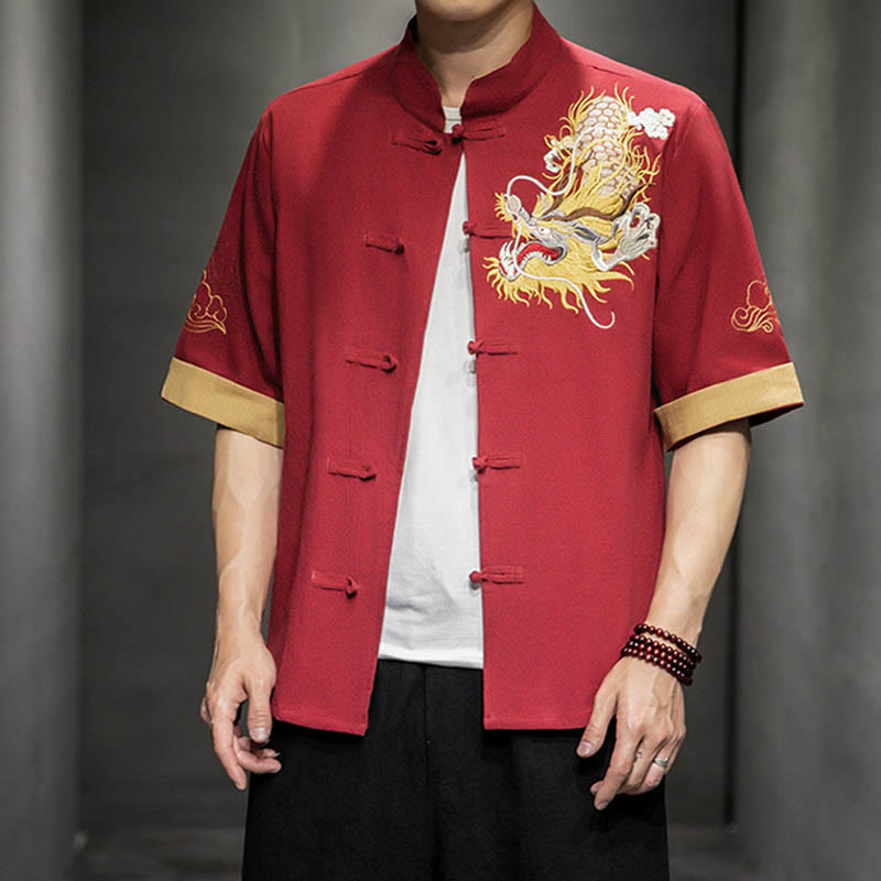 Nimara Ritual Frog-Button Chinese Dragon Auspicious Cloud Embroidery Half Sleeve Shirt Cotton Linen Men Clothing