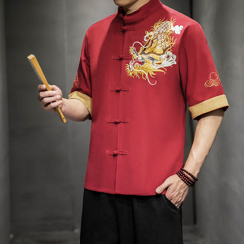 Nimara Ritual Frog-Button Chinese Dragon Auspicious Cloud Embroidery Half Sleeve Shirt Cotton Linen Men Clothing