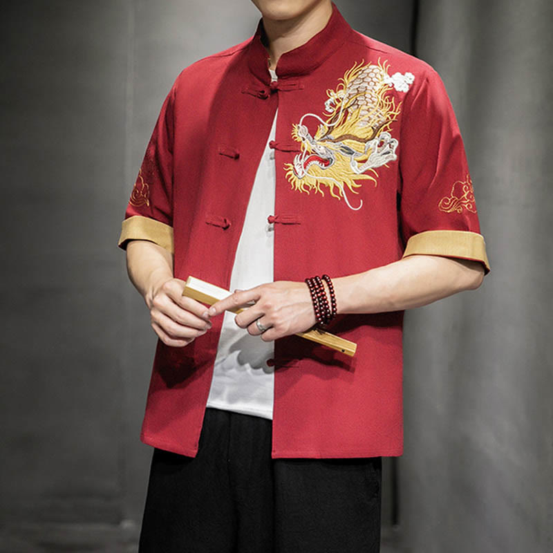 Nimara Ritual Frog-Button Chinese Dragon Auspicious Cloud Embroidery Half Sleeve Shirt Cotton Linen Men Clothing