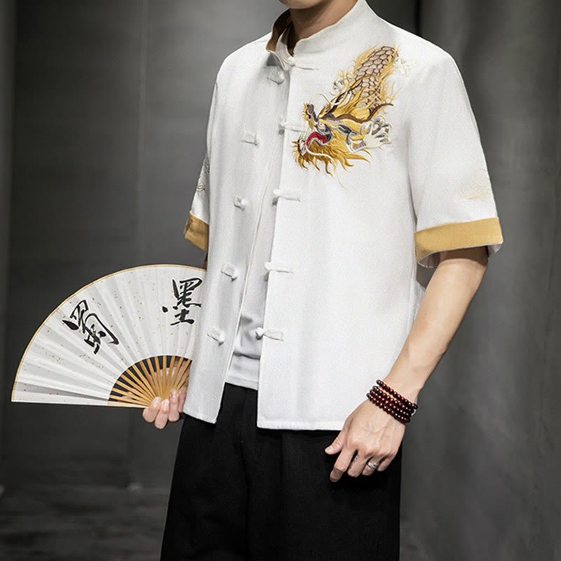 Nimara Ritual Frog-Button Chinese Dragon Auspicious Cloud Embroidery Half Sleeve Shirt Cotton Linen Men Clothing
