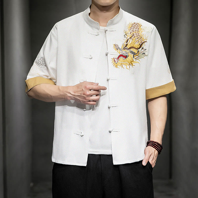 Nimara Ritual Frog-Button Chinese Dragon Auspicious Cloud Embroidery Half Sleeve Shirt Cotton Linen Men Clothing