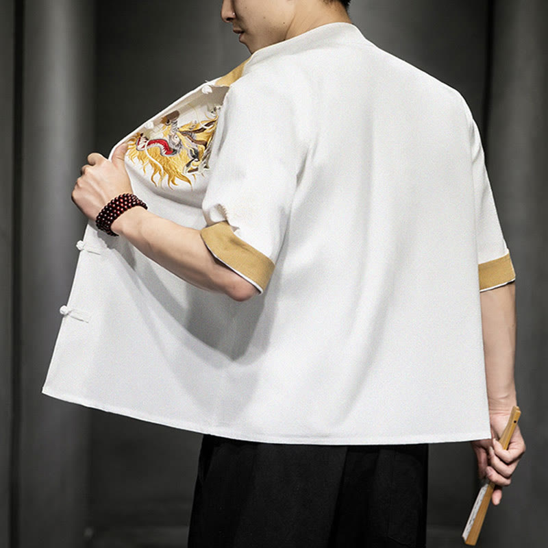 Nimara Ritual Frog-Button Chinese Dragon Auspicious Cloud Embroidery Half Sleeve Shirt Cotton Linen Men Clothing