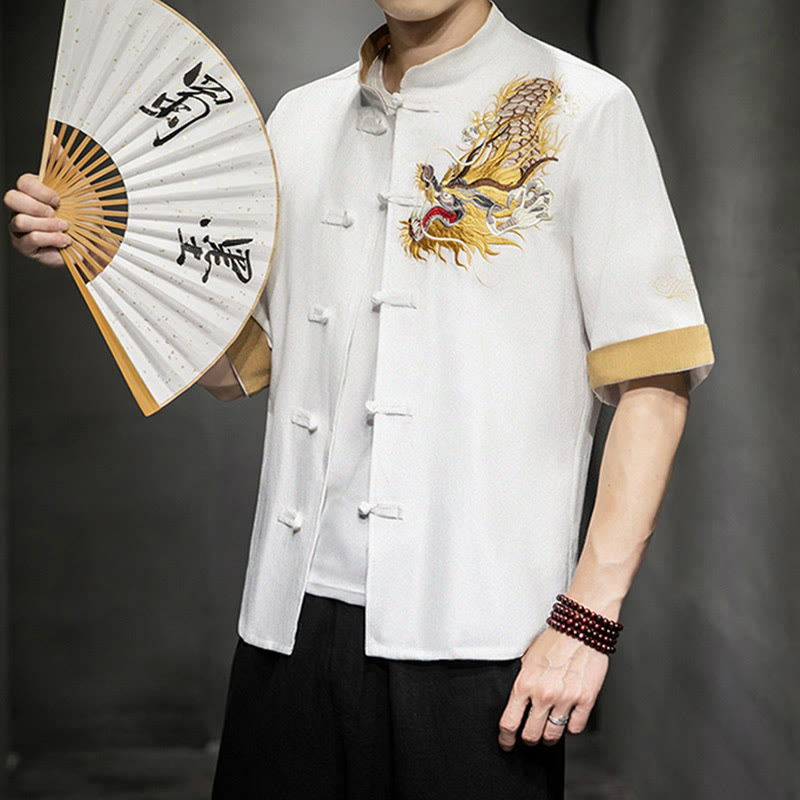 Nimara Ritual Frog-Button Chinese Dragon Auspicious Cloud Embroidery Half Sleeve Shirt Cotton Linen Men Clothing