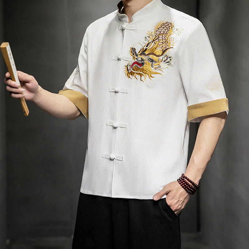 Nimara Ritual Frog-Button Chinese Dragon Auspicious Cloud Embroidery Half Sleeve Shirt Cotton Linen Men Clothing