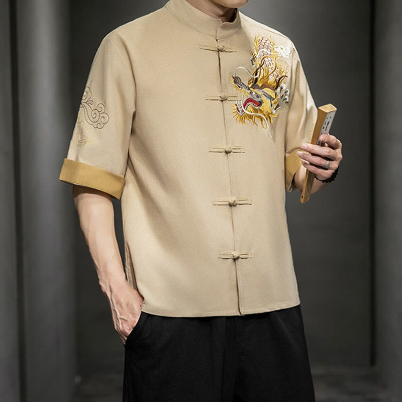 Nimara Ritual Frog-Button Chinese Dragon Auspicious Cloud Embroidery Half Sleeve Shirt Cotton Linen Men Clothing