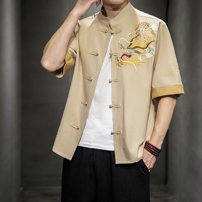 Nimara Ritual Frog-Button Chinese Dragon Auspicious Cloud Embroidery Half Sleeve Shirt Cotton Linen Men Clothing