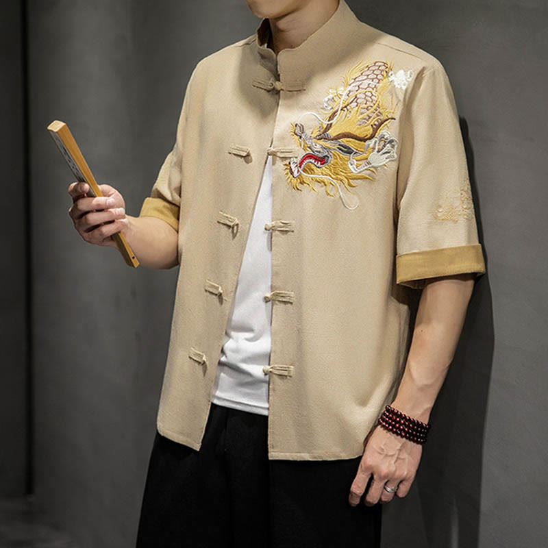 Nimara Ritual Frog-Button Chinese Dragon Auspicious Cloud Embroidery Half Sleeve Shirt Cotton Linen Men Clothing