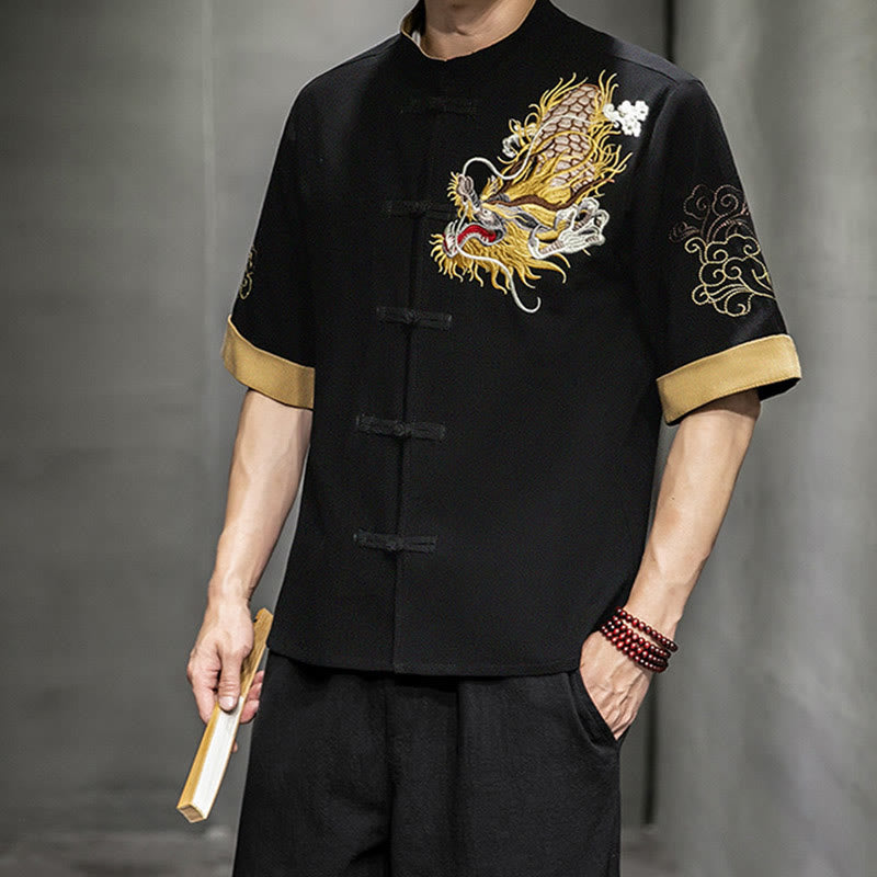 Nimara Ritual Frog-Button Chinese Dragon Auspicious Cloud Embroidery Half Sleeve Shirt Cotton Linen Men Clothing