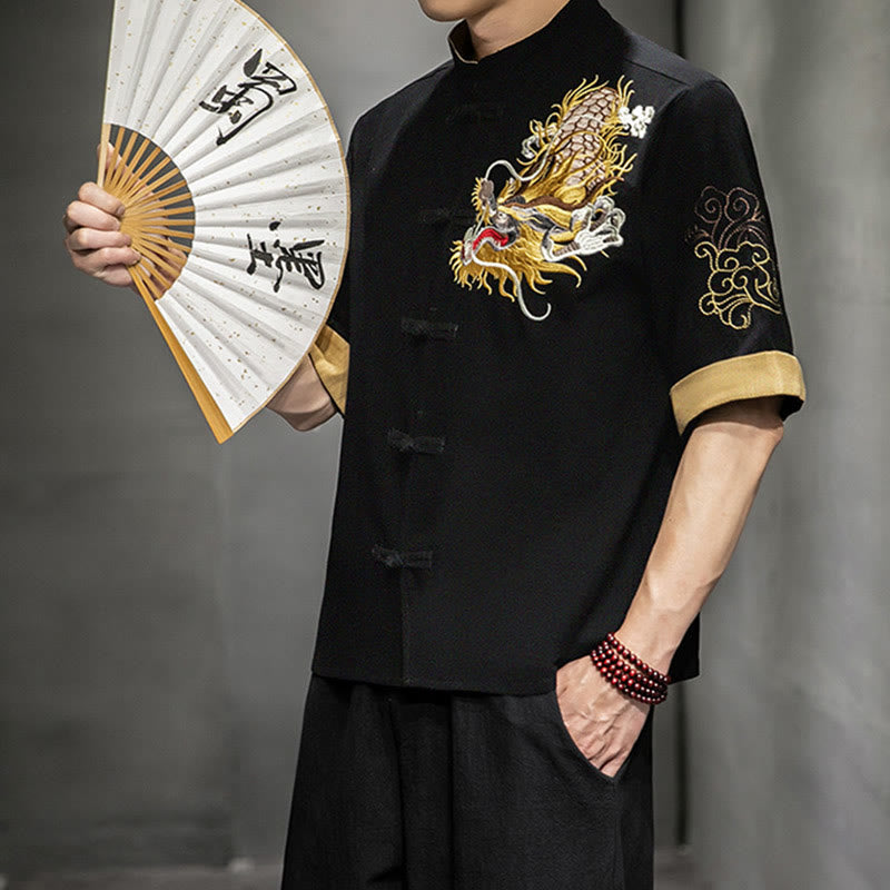 Nimara Ritual Frog-Button Chinese Dragon Auspicious Cloud Embroidery Half Sleeve Shirt Cotton Linen Men Clothing