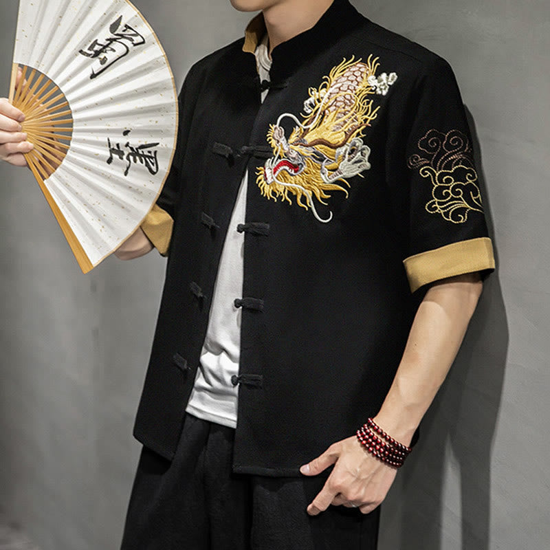 Nimara Ritual Frog-Button Chinese Dragon Auspicious Cloud Embroidery Half Sleeve Shirt Cotton Linen Men Clothing