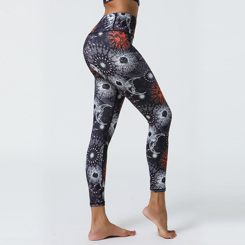 Nimara Ritual Flowers Feathers Sun Moon Print Sports Fitness Yoga High Waist Leggings Women's Pants