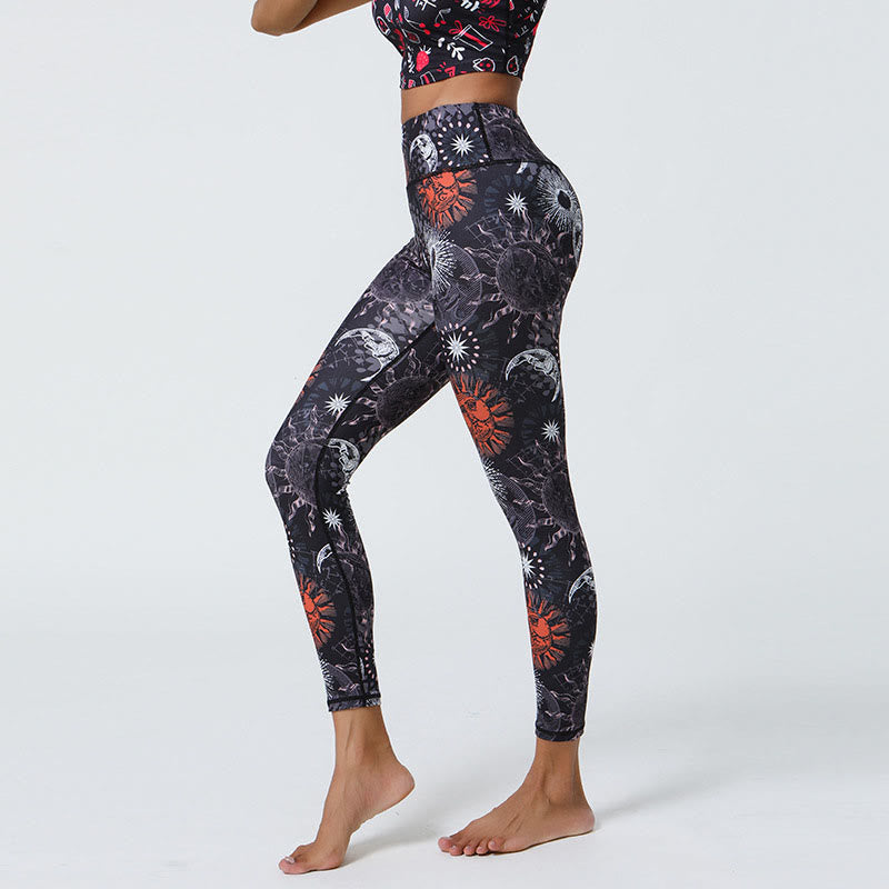 Nimara Ritual Flowers Feathers Sun Moon Print Sports Fitness Yoga High Waist Leggings Women's Pants