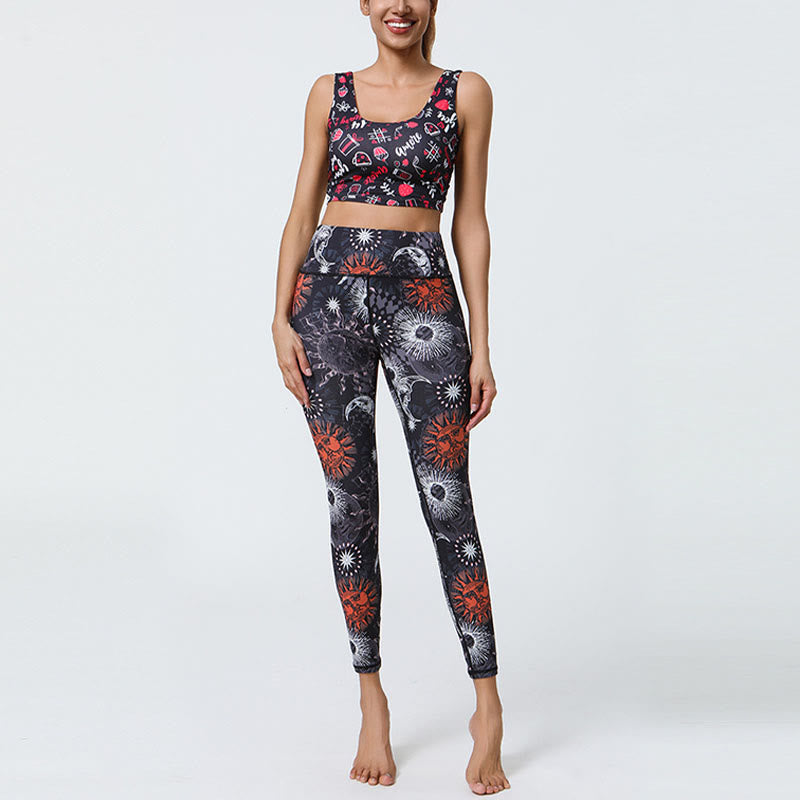 Nimara Ritual Flowers Feathers Sun Moon Print Sports Fitness Yoga High Waist Leggings Women's Pants