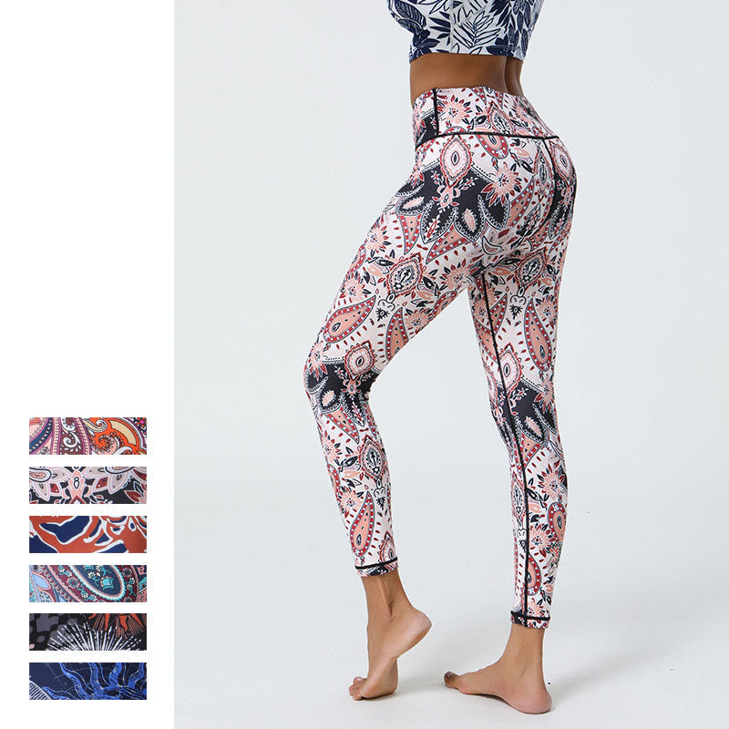Nimara Ritual Flowers Feathers Sun Moon Print Sports Fitness Yoga High Waist Leggings Women's Pants