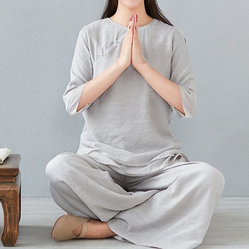 Nimara Ritual 2Pcs Three Quarter Sleeve Long Sleeve Shirt Wide Leg Pants Meditation Cotton Linen Clothing Women's Set