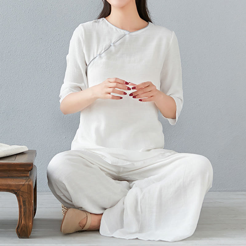 Nimara Ritual 2Pcs Three Quarter Sleeve Long Sleeve Shirt Wide Leg Pants Meditation Cotton Linen Clothing Women's Set