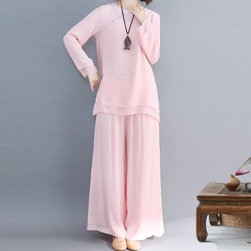 Nimara Ritual 2Pcs Three Quarter Sleeve Long Sleeve Shirt Wide Leg Pants Meditation Cotton Linen Clothing Women's Set