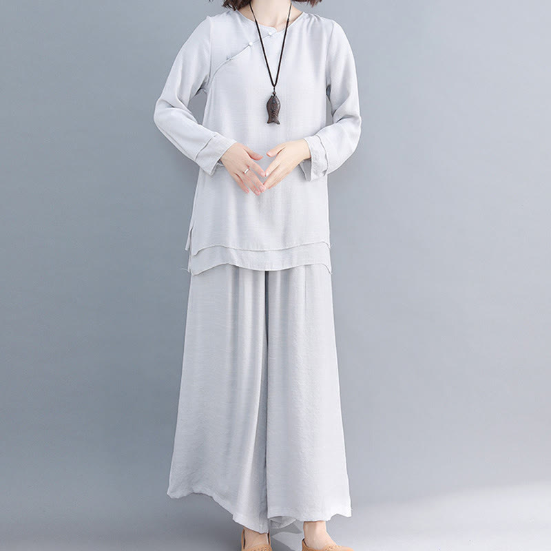 Nimara Ritual 2Pcs Three Quarter Sleeve Long Sleeve Shirt Wide Leg Pants Meditation Cotton Linen Clothing Women's Set