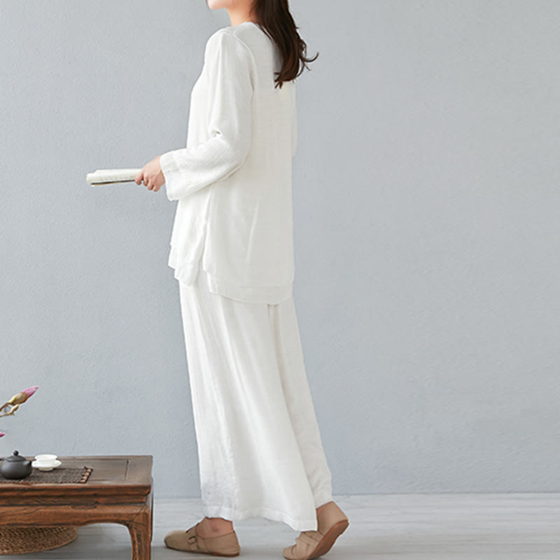 Nimara Ritual 2Pcs Three Quarter Sleeve Long Sleeve Shirt Wide Leg Pants Meditation Cotton Linen Clothing Women's Set
