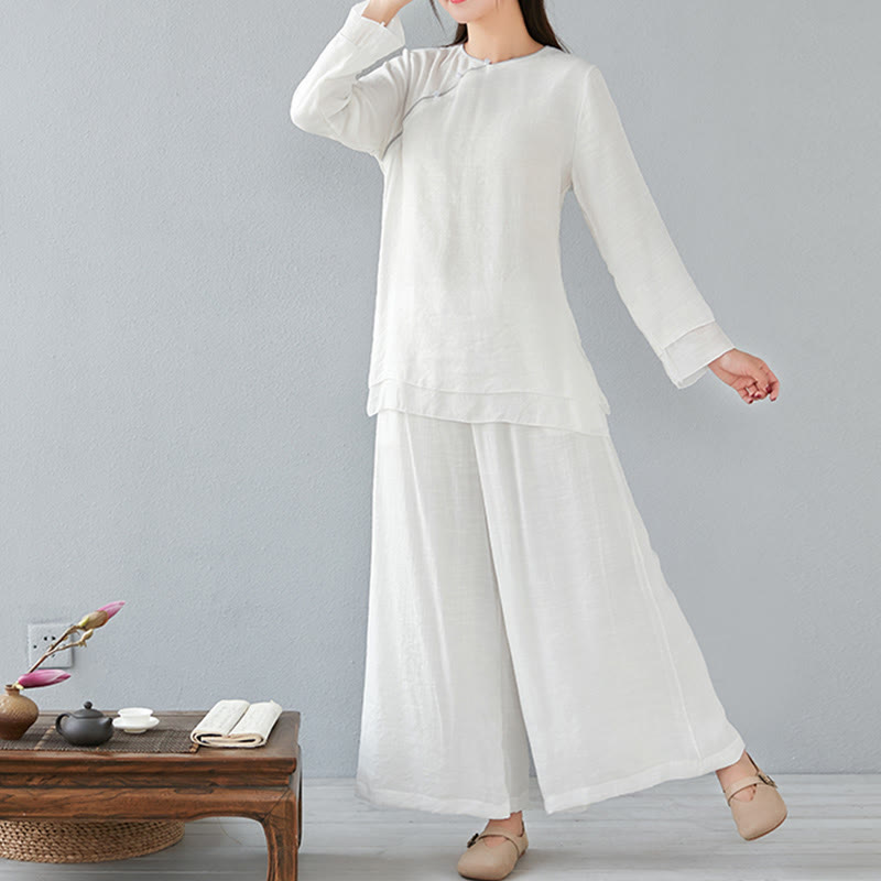 Nimara Ritual 2Pcs Three Quarter Sleeve Long Sleeve Shirt Wide Leg Pants Meditation Cotton Linen Clothing Women's Set