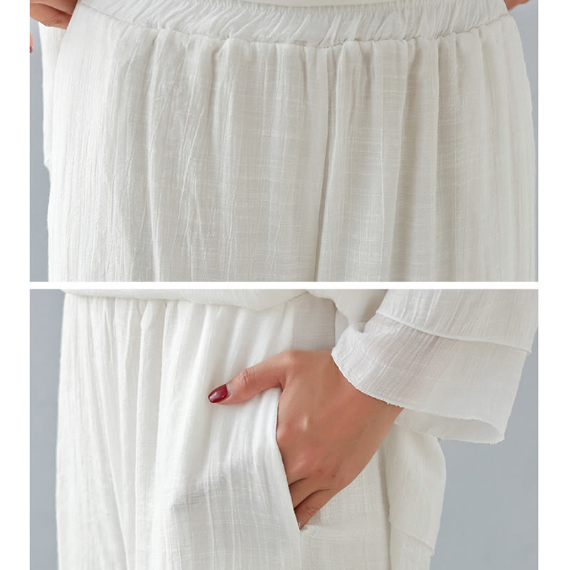 Nimara Ritual 2Pcs Three Quarter Sleeve Long Sleeve Shirt Wide Leg Pants Meditation Cotton Linen Clothing Women's Set