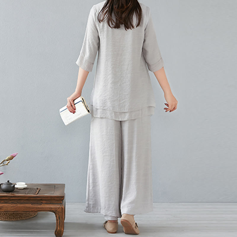 Nimara Ritual 2Pcs Three Quarter Sleeve Long Sleeve Shirt Wide Leg Pants Meditation Cotton Linen Clothing Women's Set