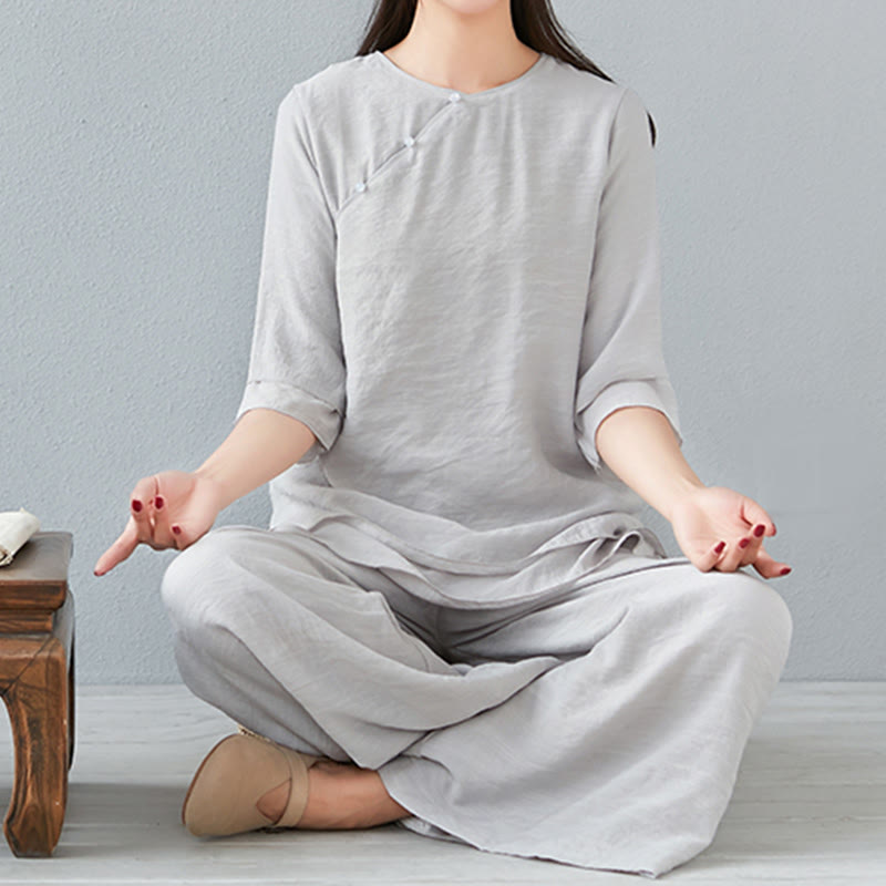 Nimara Ritual 2Pcs Three Quarter Sleeve Long Sleeve Shirt Wide Leg Pants Meditation Cotton Linen Clothing Women's Set