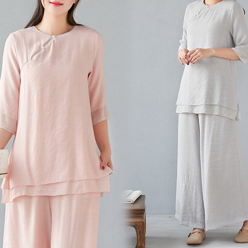 Nimara Ritual 2Pcs Three Quarter Sleeve Long Sleeve Shirt Wide Leg Pants Meditation Cotton Linen Clothing Women's Set
