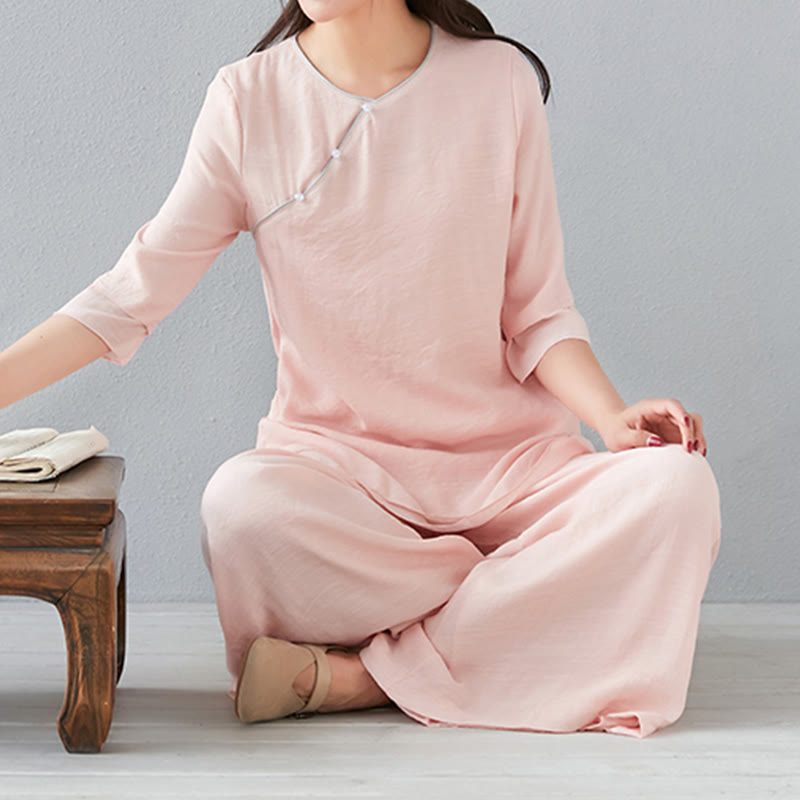 Nimara Ritual 2Pcs Three Quarter Sleeve Long Sleeve Shirt Wide Leg Pants Meditation Cotton Linen Clothing Women's Set