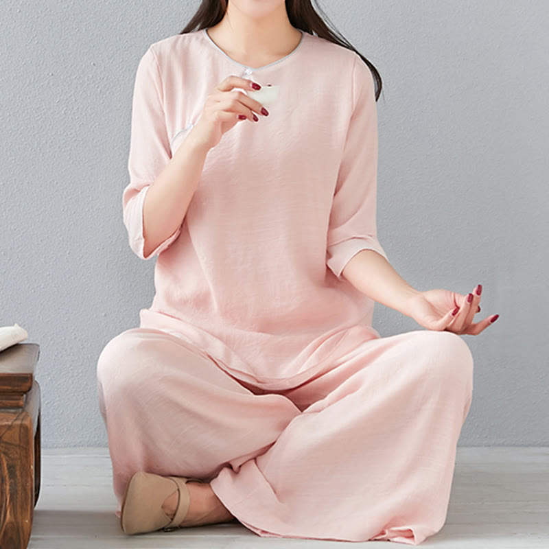 Nimara Ritual 2Pcs Three Quarter Sleeve Long Sleeve Shirt Wide Leg Pants Meditation Cotton Linen Clothing Women's Set