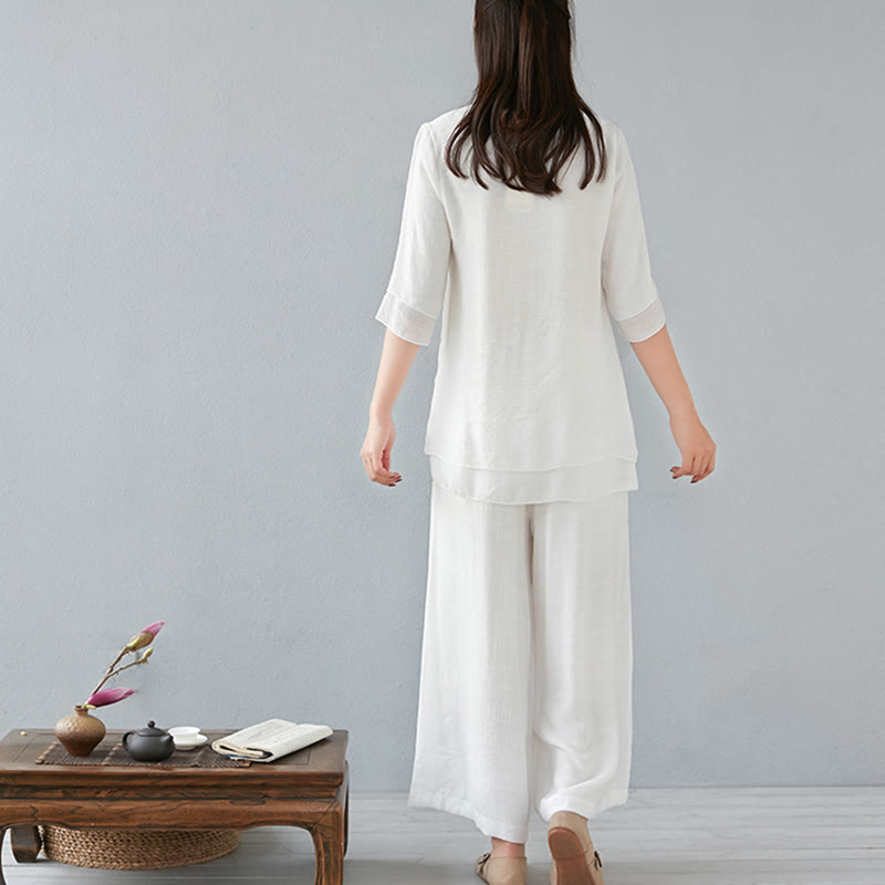 Nimara Ritual 2Pcs Three Quarter Sleeve Long Sleeve Shirt Wide Leg Pants Meditation Cotton Linen Clothing Women's Set
