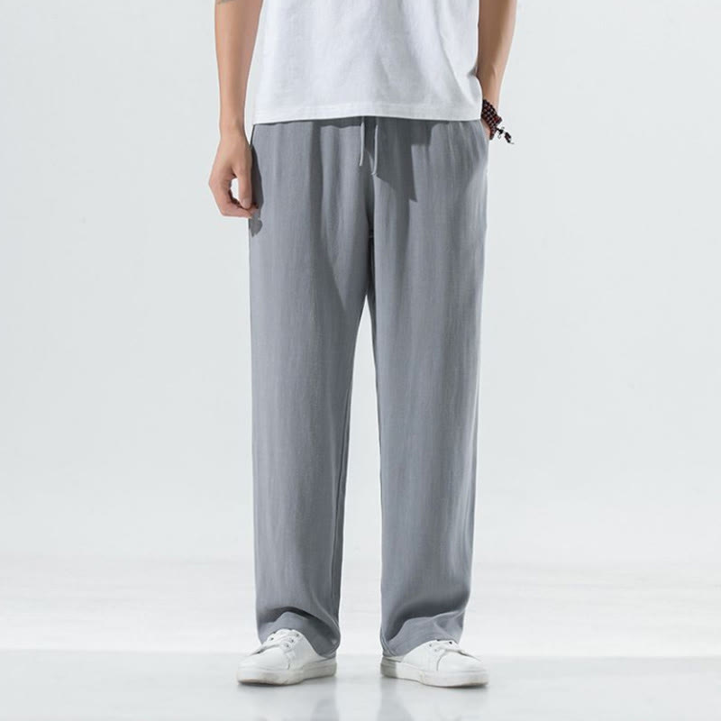 Nimara Ritual Solid Color Cotton Linen Men's Wide Leg Pants With Pockets