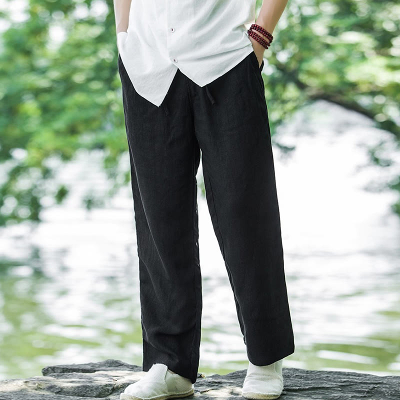 Nimara Ritual Solid Color Cotton Linen Men's Wide Leg Pants With Pockets