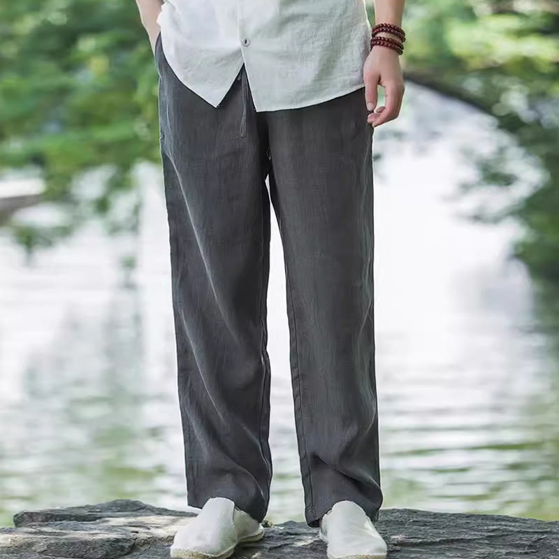 Nimara Ritual Solid Color Cotton Linen Men's Wide Leg Pants With Pockets