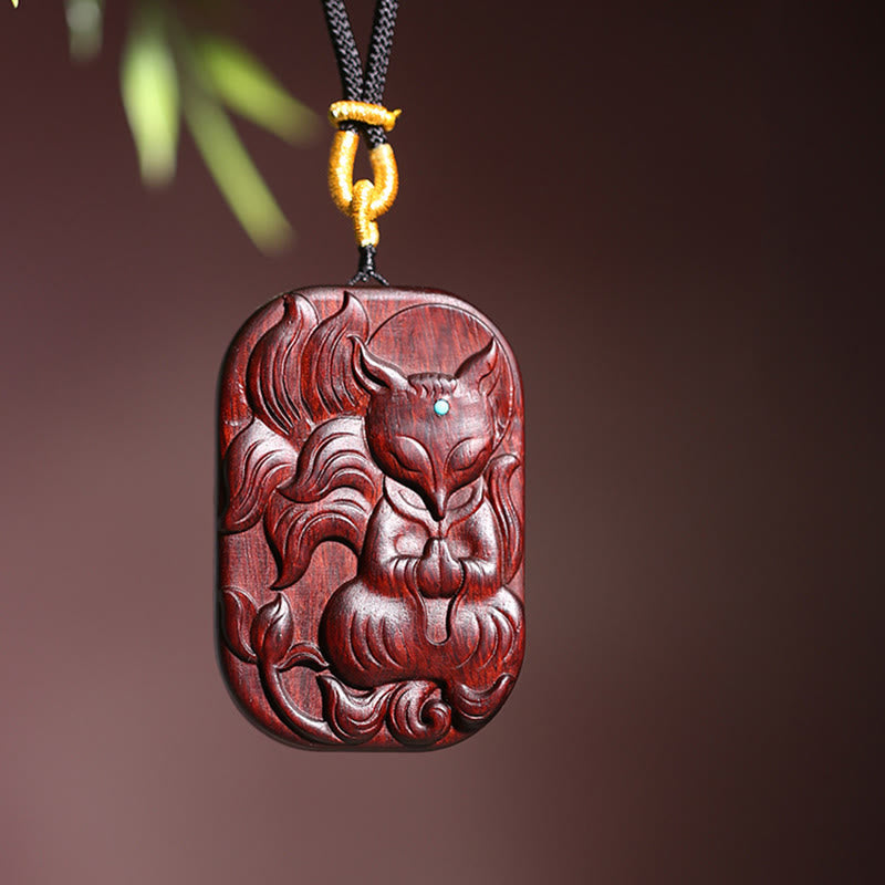 Nimara Ritual Small Leaf Red Sandalwood Nine Tailed Fox Pattern Longevity Necklace Pendant