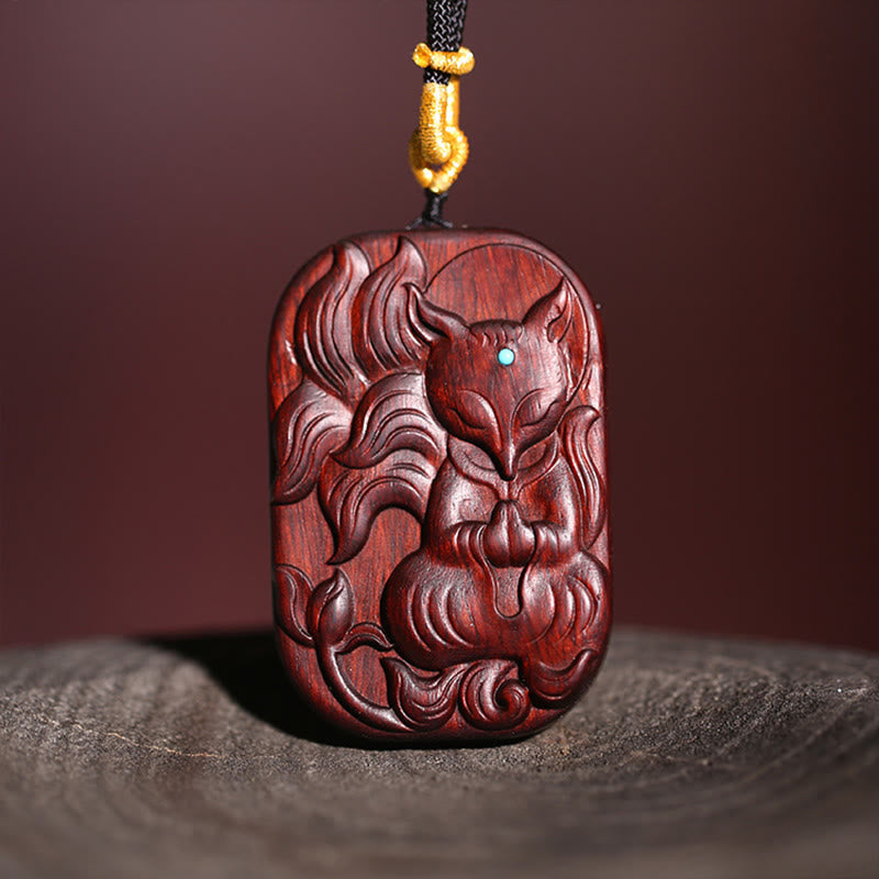 Nimara Ritual Small Leaf Red Sandalwood Nine Tailed Fox Pattern Longevity Necklace Pendant