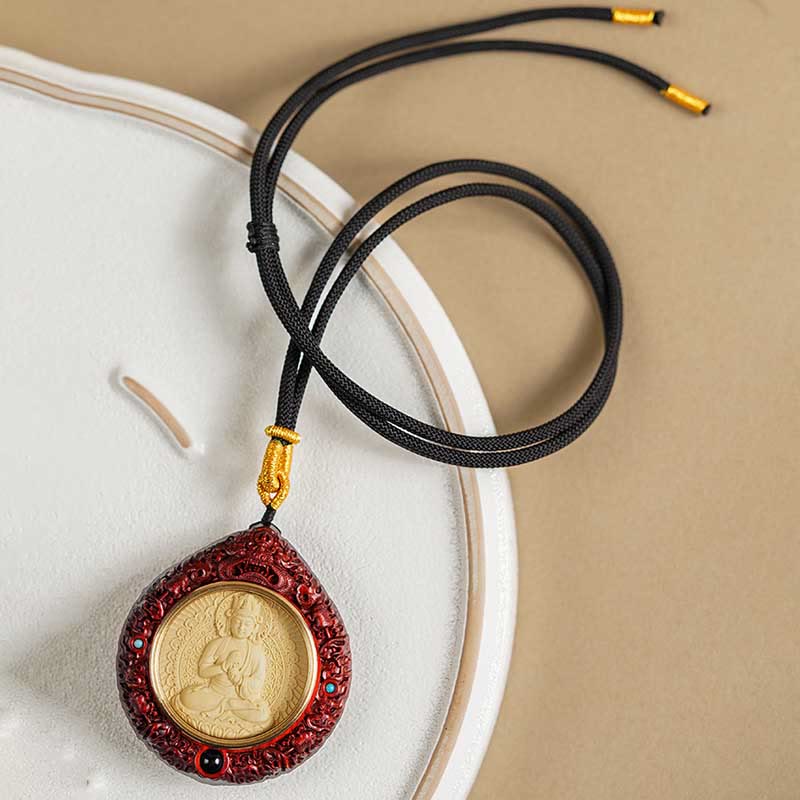 Nimara Ritual Chinese Zodiac Natal Buddha Small Leaf Red Sandalwood Ebony Longevity Necklace Pendant