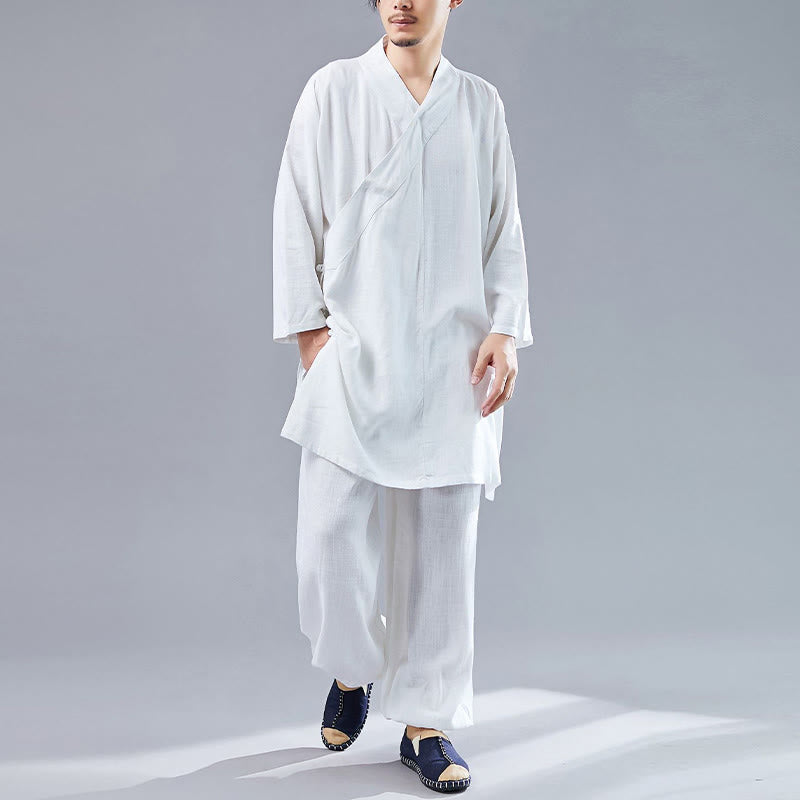 Nimara Ritual 2Pcs V-Neck Men's Long Sleeve Shirt Top Pants Meditation Zen Tai Chi Cotton Linen Clothing Set