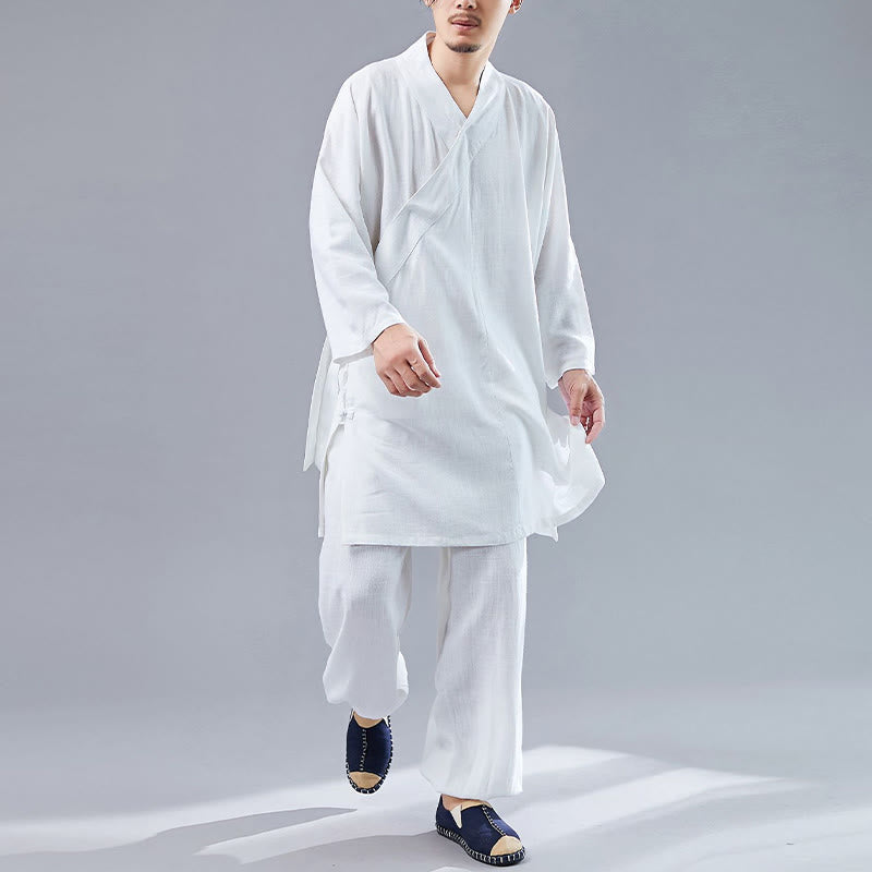 Nimara Ritual 2Pcs V-Neck Men's Long Sleeve Shirt Top Pants Meditation Zen Tai Chi Cotton Linen Clothing Set