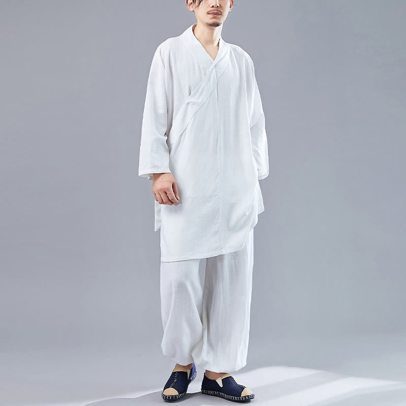 Nimara Ritual 2Pcs V-Neck Men's Long Sleeve Shirt Top Pants Meditation Zen Tai Chi Cotton Linen Clothing Set