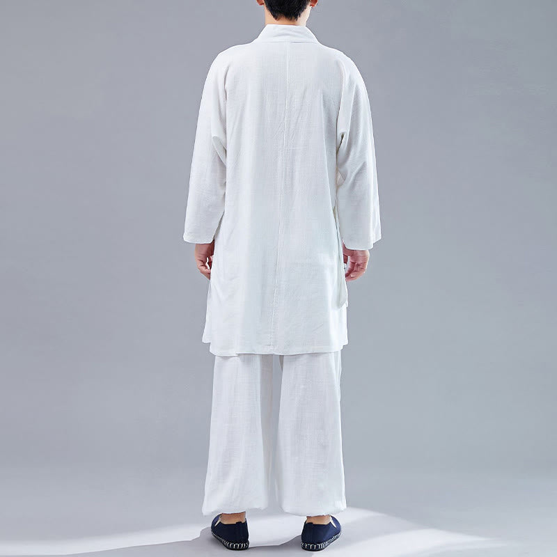 Nimara Ritual 2Pcs V-Neck Men's Long Sleeve Shirt Top Pants Meditation Zen Tai Chi Cotton Linen Clothing Set