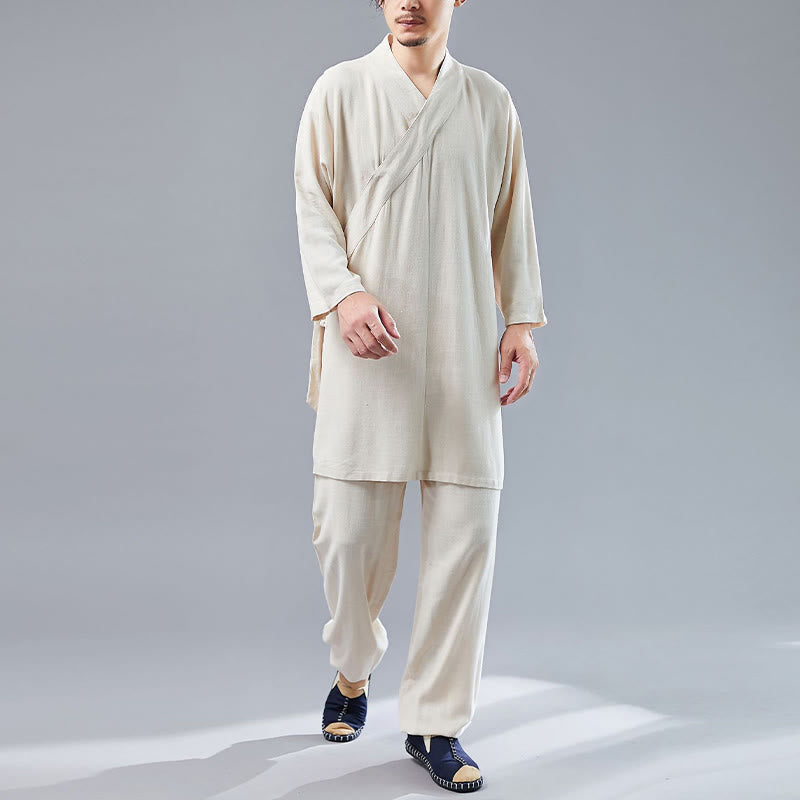 Nimara Ritual 2Pcs V-Neck Men's Long Sleeve Shirt Top Pants Meditation Zen Tai Chi Cotton Linen Clothing Set