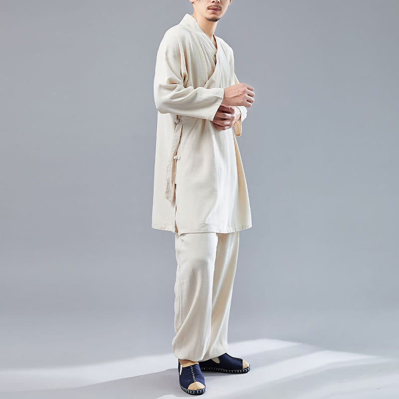 Nimara Ritual 2Pcs V-Neck Men's Long Sleeve Shirt Top Pants Meditation Zen Tai Chi Cotton Linen Clothing Set