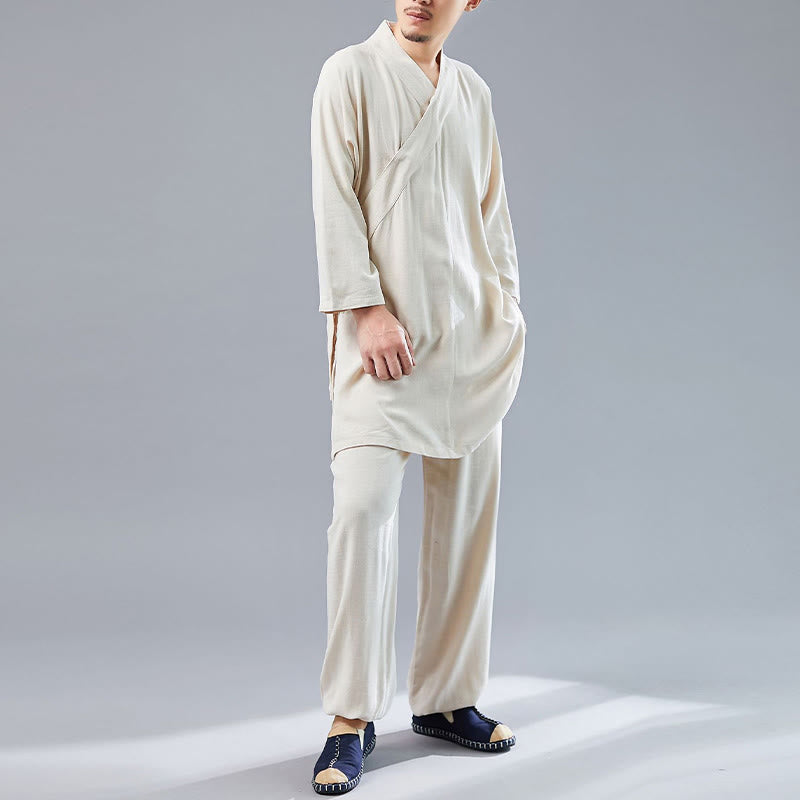 Nimara Ritual 2Pcs V-Neck Men's Long Sleeve Shirt Top Pants Meditation Zen Tai Chi Cotton Linen Clothing Set