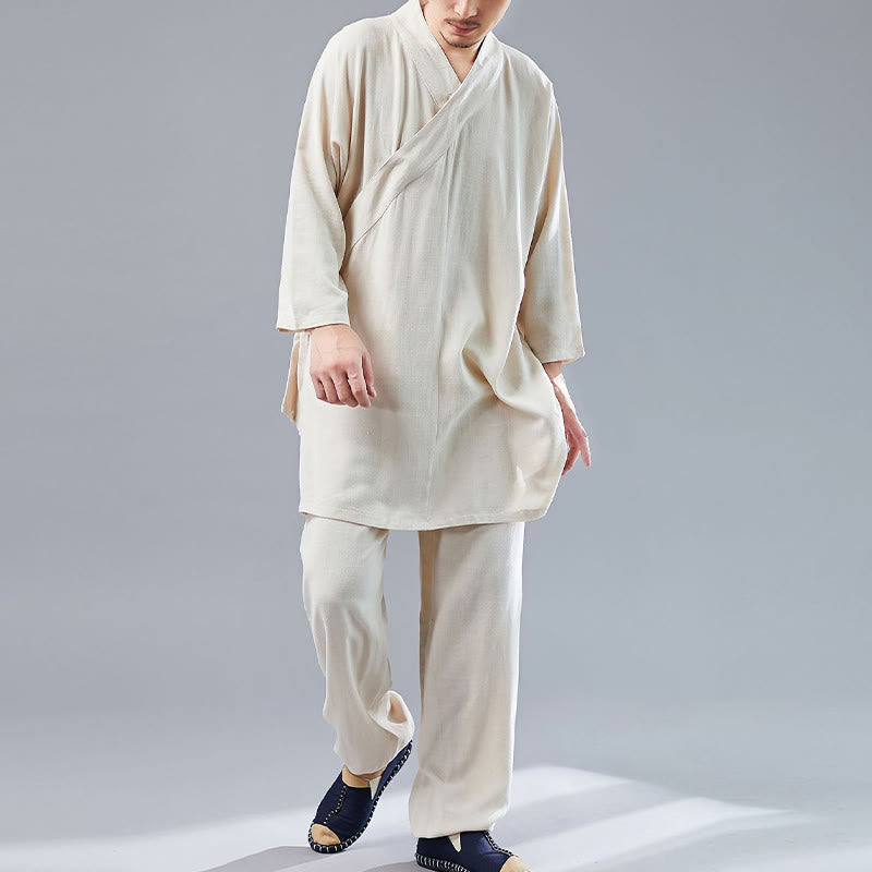 Nimara Ritual 2Pcs V-Neck Men's Long Sleeve Shirt Top Pants Meditation Zen Tai Chi Cotton Linen Clothing Set