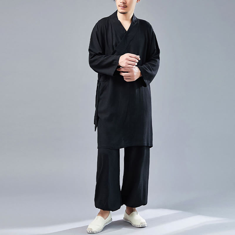 Nimara Ritual 2Pcs V-Neck Men's Long Sleeve Shirt Top Pants Meditation Zen Tai Chi Cotton Linen Clothing Set