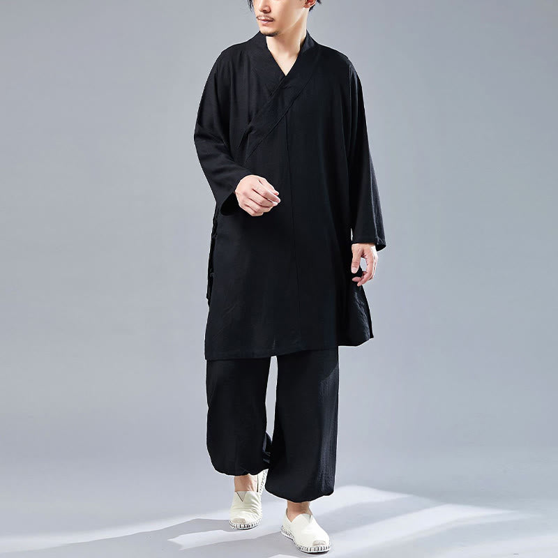 Nimara Ritual 2Pcs V-Neck Men's Long Sleeve Shirt Top Pants Meditation Zen Tai Chi Cotton Linen Clothing Set